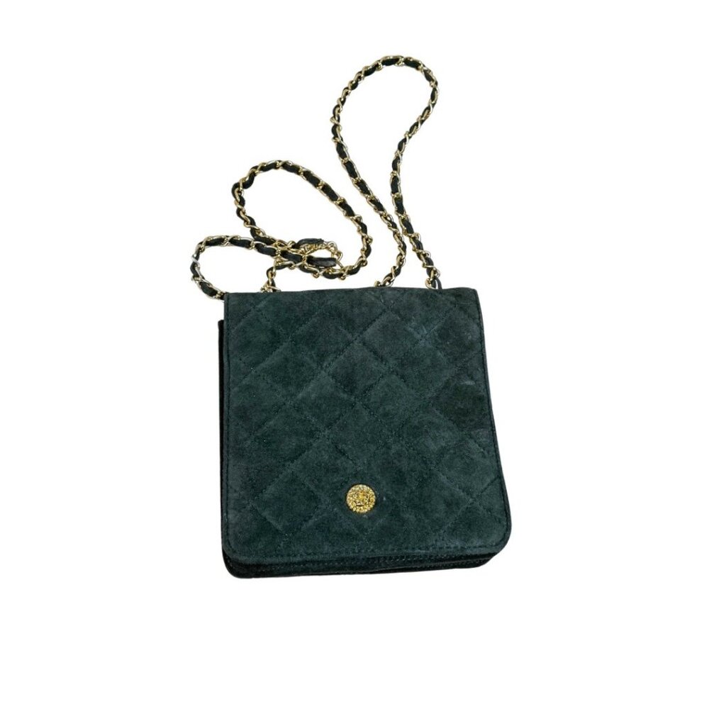 Leather Dark Green Quilted Suede Crossbody Purse Gold Chain Bag Dark Academia - Picture 12 of 12